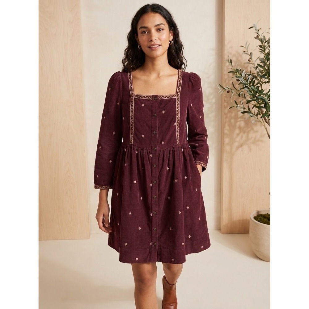 Madewell Burgundy Corduroy Embroidered Square Neck Mini Dress Size 6